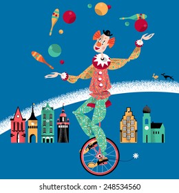 Clown on unicycle juggling with balls and pins. Vector illustration