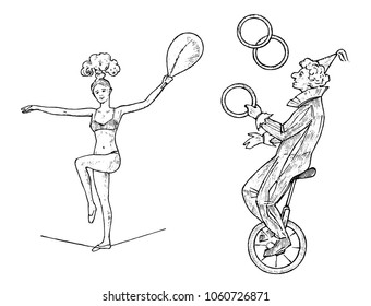 The clown on the wheel juggles with skittles or balls on white background. Street actor or artist in circus. Performer acrobat. Engraved Hand drawn sketch in vintage victorian style.