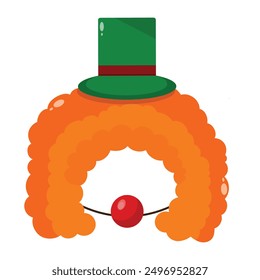 Clown orange curly wig with green hat and red nose. Children carnival costume, props for masquerade, holiday party. Vector illustration.