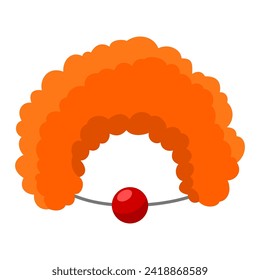 Clown orange curly wig and red nose with threads flat style. Children carnival costume, props for masquerade, holiday party. Photo booth prop. Vector illustration