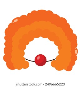 Clown orange curly wig and red nose with threads flat style. Children carnival costume, props for masquerade, holiday party. Vector illustration.