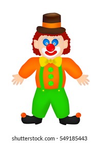 Clown in orange shirt, hat, green trousers, with black boots