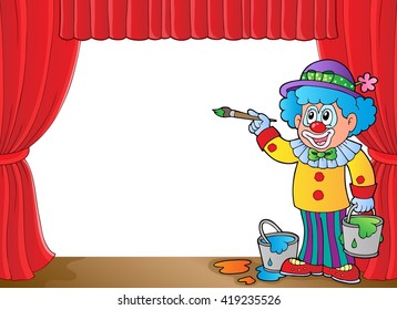Clown with paints on stage - eps10 vector illustration.