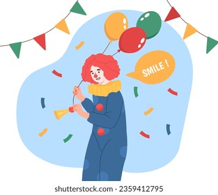 Clown in party concept. Man in costume and face drawn mask with colorful air balloons and confetti, flags. Young guy at holiday and festival for kids. Cartoon flat vector illustration