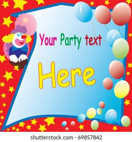 clown party flayer design with balloons and stars for party text