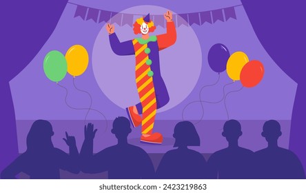 Clown performance concept. Man in colorful costume with air balloons performing at scene. Enterainment event and leisure. Fun, humor and jokes. Cartoon flat vector illustration