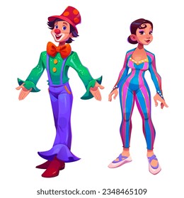 Clown and performer circus carnival character vector set. Acrobat artist in costume isolated cute comedy woman. Cirque man in hat and bow comedian clipart. Retro entertainment personage element