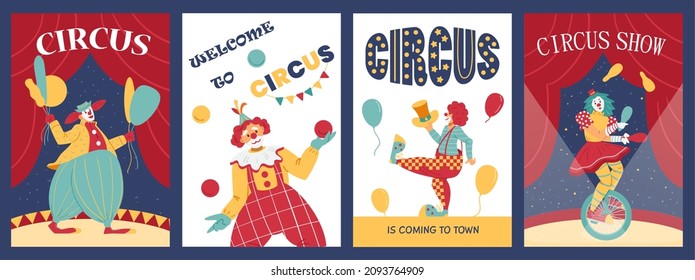 Clown performing in circus, set of advertising posters or banners - flat vector illustration. Welcoming flyers with cartoon character in funny costumes juggling, riding unicycle and acts on stage.