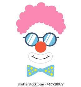 Clown  photo booth props face set. Mask. Party  funnyman birthday. Wig, nose, funny glasses, bow tie, smile. Vector illustration 