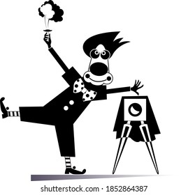 Clown a photographer illustration. Cartoon clown makes a photo using an old style camera black on white illustration
