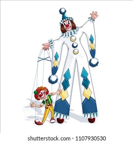 Clown Pierrot in a white suit with colored rhombs patched on stilts and leads a puppet of a red clown in yellow trousers and a green shirt. Vector circus cartoon character. Circus actor.