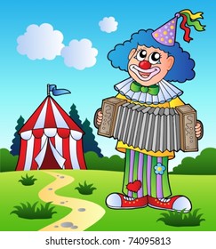 Clown playing accordion near tent - vector illustration.