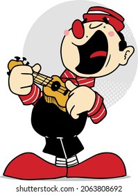 Clown playing guitar. funny clown playing ukulele.