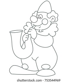 Clown playing saxophone. Coloring book page
