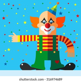 Clown  pointing direction. Flat vector illustration