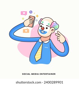 A clown pose in front of his smartphone. Vector Illustration