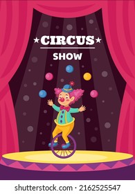 Clown poster. Carnival show with magician. Happy amusement. Jester juggling on stage. Buffoon on unicycle. Traditional fairground. Performance announcement. Vector cirque invitation