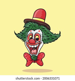 clown with red nose and green hair, red hat and tie