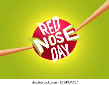 The clown red nose on stretched rubber bands. Red Nose Day banner, emblem, card, sign. Vector illustration.