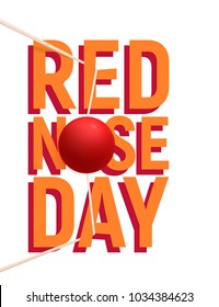 The clown red nose on stretched rubber bands. Red Nose Day banner, emblem, card, sign. Vector illustration.