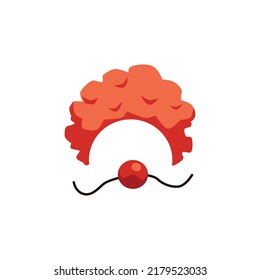 Clown red nose with threads and orange curly wig flat style, vector illustration isolated on white background. Children carnival costume, props for masquerade, holiday party