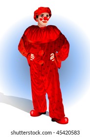 clown in a red suit and cap on a blue background
