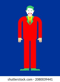 Clown in red suit and green hair. Sneaky grin. evil clown crazy