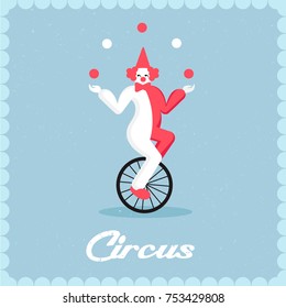 Clown Rides A Bicycle And Juggles Balls. Juggler On A Unicycle