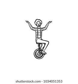 Clown riding a one wheel bicycle hand drawn outline doodle icon. Circus artist on one wheel bike vector sketch illustration for print, web, mobile and infographics isolated on white background.