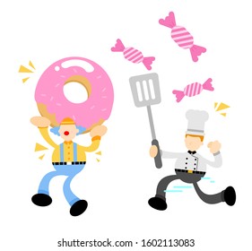 clown run from chef pink sugar sweet candy doughnut beverage cartoon doodle flat design style vector illustration