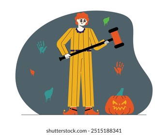 Clown with scary appearance and carrying big hammer, pumpkin with scary made face, spooky vector illustration.