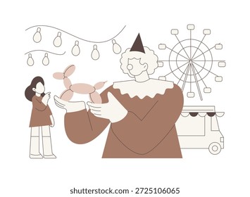 Serviço de palhaços isolado desenhos animados vetor ilustrações. Jovem rapaz trabalha como animador em um parque de diversões, negócio de entretenimento, profissionais, serviços de palhaços para crianças com desenhos vetoriais.