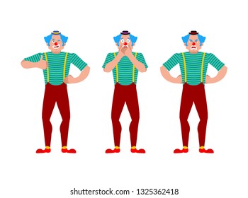 Clown set. funnyman bewildered and angry. harlequin winks and thumb up. Vector illustration
