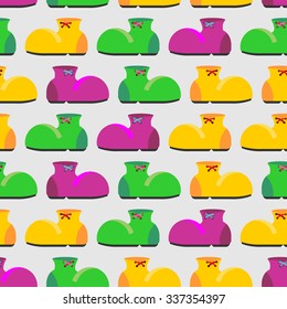 Clown shoes funny seamless pattern. Multicolored footwear background. Retro fabric texture.
