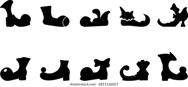 Clown Shoes Vector Icon set, Whimsical Footwear , Fun Character Boots, performing tricks with balloons unicycles and juggling props, Circus discipline icons depicting aerial and acrobatic acts design
