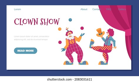 Clown show advertising web banner with jester juggling, cartoon flat vector illustration. Landing page for circus performance and entertainment for children.