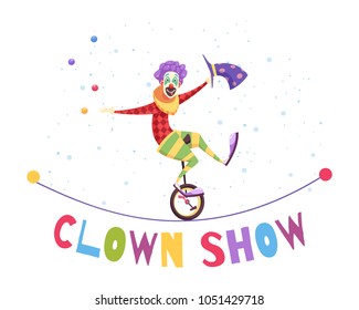 Clown show composition with juggler in colorful costume on unicycle on tightrope on light background vector illustration