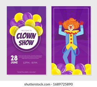 Clown Show Invitation Card, Poster or Banner Template, Circus Performance Vector Illustration