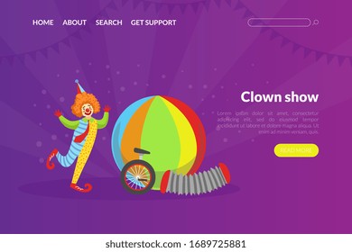Clown Show Landing Page Template, Circus Performance Web Page, Mobile App, Homepage Vector Illustration