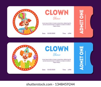 Clown Show Tickets Set, Circus Cards Templates with Funny Clowns Vector Illustration