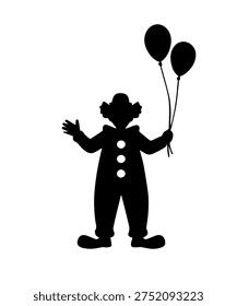Clown silhouette standing, holding two balloons, representing entertainment and fun