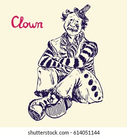 The clown is sitting and smiling in funny costume, hand drawn doodle, simple lines sketch in pop art style, vector illustration