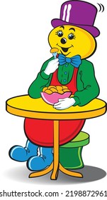 A clown is sitting at a table and eating his lunch