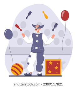 Clown with skittles. Man in suit with balloons and gift box. Holiday and festival. Performs at party or event. Design element for greeting postcard. Cartoon flat vector illustration