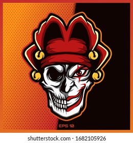 Diseño de logotipo de mascota deportivo y deportivo Clown Skull con moderno concepto de ilustración para impresión de equipo, placa, emblema y sed. Imagen de Skull Clown en fondo rojo oscuro. Ilustración del vector