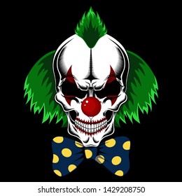 Clown skull with green hair and bow. Vector image on black background.