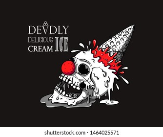 Clown skull ice cream fell on the ground, waffle cone sticking up and splashes fly away, the ice cream melts and flows.  Creepy cartoon illustration for prints, t-shirts, Halloween or tattoo. 