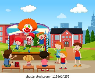 Clown stage performance scene illustration