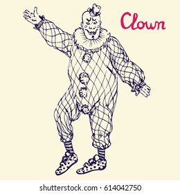 The clown is standing in checkered costume, hand drawn doodle, simple lines sketch in pop art style, vector illustration