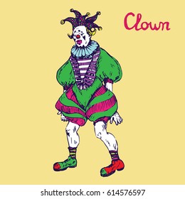 The clown is standing in jester hat, hand drawn doodle, bright colors sketch in pop art style, vector illustration